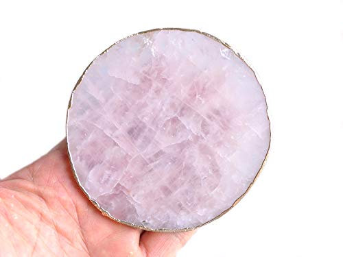 Untersetzer aus Rosenquarz, 8,9 cm, natürlicher rosa Kristall, goldfarbener Rand, runde Bar-Untersetzer, Getränke-Untersetzer, Barware, Teetasse, Steinplatte, 1 Stück