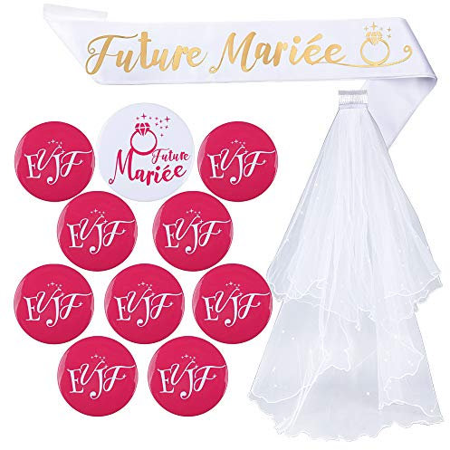 Kit de Accessoire Enterrement de Vie de Jeune Fille 1pcs Voile de Mariage Blanc avec Peigne + 1pcs Écharpe + 1pcs Badge “Future Mariée” + 9pcs Badge “EVJF” Déguisements Décoration pour Fête Soirée