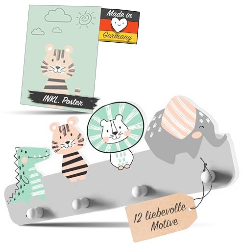 Kindsblick ® Junglefreunde Kindergarderobe in Grau inkl. niedlichem A4 Poster - Garderobe Kinder Edition mit 4 Haken - Wunderschöne Kinder Garderoben Deko - Kinder Garderobe Maße (38 x 15 x 1 cm)