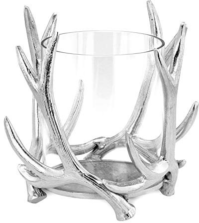 Glas Windlicht Ø 19 cm Aluminium poliert in Hirsch Geweih Form - Kerzenhalter mit offenem Glaszylinder - Kerzenständer für Stumpenkerzen/Teelichter - Windglas für innen & außen