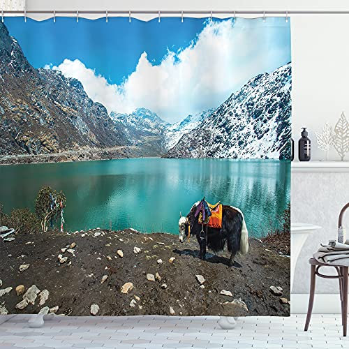 ABAKUHAUS Yak Duschvorhang, Foto von Sikkim Gebiet Wilder Bull, Stoffliches Gewebe Badezimmerdekorationsset mit Haken, 175 x 180 cm, Mehrfarbig