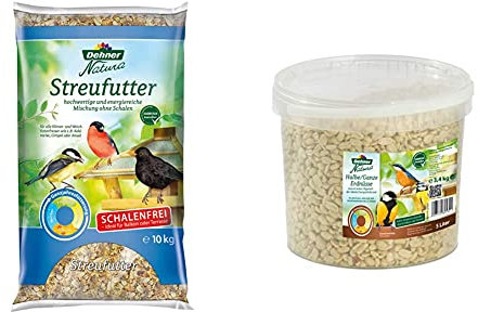 Dehner Natura Wildvogelfutter, schalenfreies Streufutter, 10 kg & Natura Wildvogelfutter, halbe/ganze Erdnüsse, 5 l (3.4 kg)