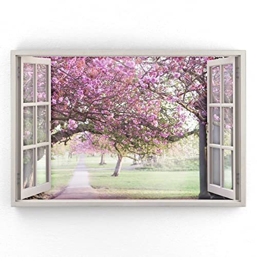 Estika - Leinwand Bilder Fensterblick - Blumen, Wald, Baum - 90x60 cm - 1 teilige Wandbilder, Bild auf Leinwand, Modern Deko für wohnzimmer schlafzimmer - Natur Landschafts bilder - 5986A_1L