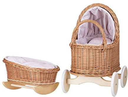e-wicker24 Alles aus Weide Passeggino e culla per bambole in vimini con biancheria da letto, colore: rosa