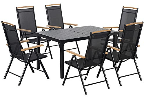 Outsunny Sitzgruppe klappbar 7tlg. Balkonset Balkonmöbel 1 Tisch+6 Stühle Gartenmöbel Set Sitzgarnitur Aluminium Mesh Schwarz