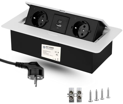 EVOTRADE Multipresa da Incasso a Scomparsa con 2 Prese SCHUKO + 2 Prese USB (A+C), Cavo da 1,5 Metri - Per Scrivania, Ufficio, Sala Riunioni, Piano di Lavoro - Colore Bianco