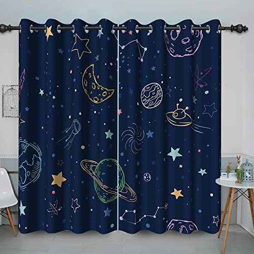 Baocicco Kinder-Vorhang mit Cartoon-Weltraum-Verdunkelungsmuster, Himmel, Mond, Sterne, Universum, Planeten, bedruckt, verdunkelnde Vorhänge mit rostfreien Ösen, 2 Paneele, 135x160 cm