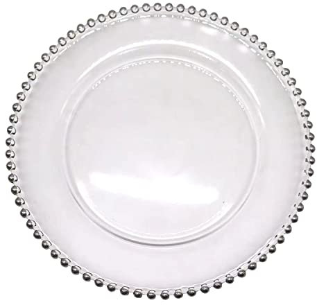 Trimming Shop Assiettes de présentation décoratives pour fêtes, Assiettes en Verre à Motif de Perles argentées, 33 cm, Transparent, 1 pièce