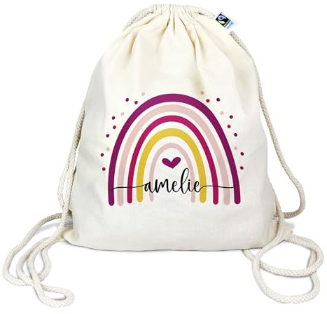 Bio Turnbeutel mit Namen personalisiert & Bedruckt | Motiv Regenbogen | Stoffbeutel Schuhbeutel Sportbeutel Wäschebeutel Rucksack für Kinder Jungen & Mädchen | inkl. NAMENSDRUCK