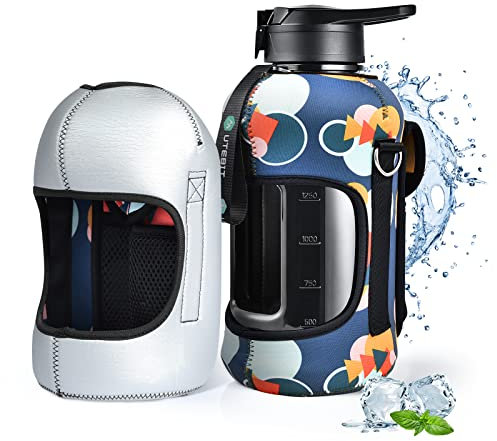 UTEBIT 2.2 Liter Trinkflasche Sport mit Verstellbar Schultergurt und Isolierte Tasche, BPA Frei Water Bottle Trinkflasche mit Strohhalme Auslaufsicher Sportflasche für Fitness, Gym, Outdoor