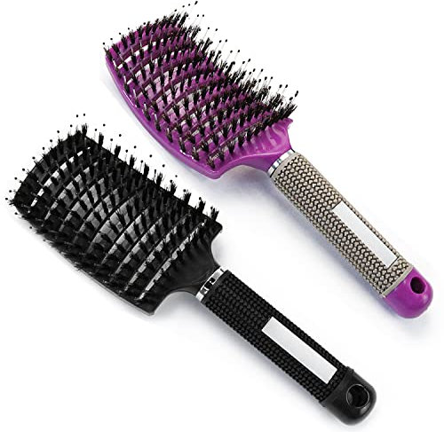 2 Stück Haarbürste (Schwarz und lila), Wildschweinborsten Haarbürste, Haarbürste Ohne Ziepen, kann Haaröl verteilen, glättet Frizz, atmungsaktiv und beschleunigt das Trocknen
