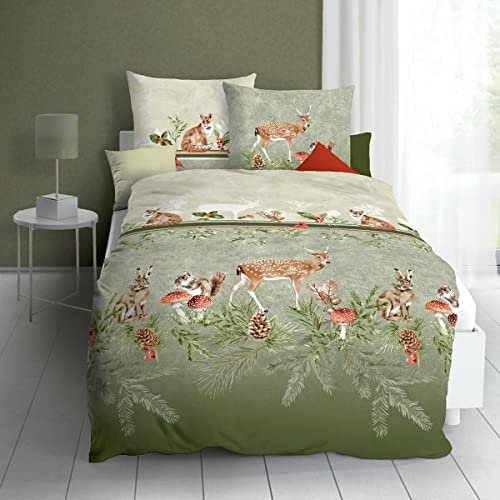 Traumschlaf Biber Bettwäsche Under The Mistletoe Oliv – 100% Baumwolle – flauschig weich, wärmend & atmungsaktiv – Schönes Waldmotiv im Weihnachtsdesign – 155 x 220 cm + 1 Kissenbezug 80 x 80 cm