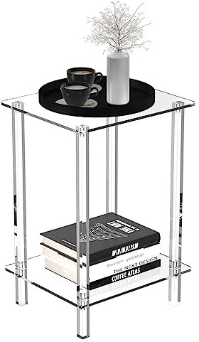 Eglaf Kleiner Beistelltisch aus Acryl mit quadratischem Bein – 34 cm L x 29 cm B x 50 cm H – kleiner Nachttisch, Nachttisch, 2-stöckig, transparenter Beistelltisch für Wohnzimmer, Schlafzimmer