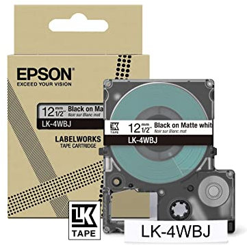 Epson Etikettenkassette, mattes Beschriftungsband LK-4WBJ schwarz auf weiß, langlebiges Band für Epson LabelWorks Etikettendrucker, wasser- & verschleißfest, 8 m x 12 mm