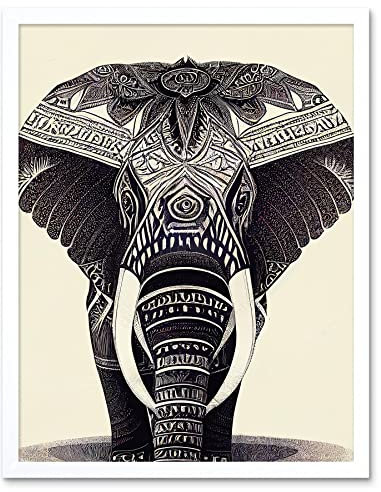 Doppelganger33 LTD Illustration Of Elephant With Tribal Patterns Black And White Art Print Framed Poster Wall Decor 12x16 inch