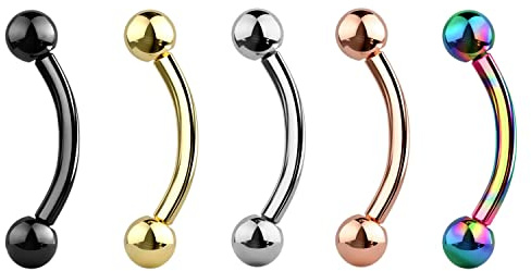 Jewel Barrel Curved Barbell Piercing 5pc Set - 16G (1.2mm) Surgical Steel Eyebrow Bars, Rook & Daith Jewellery – 6-12mm Length Options with 3mm Screw-On Balls - Silver, Gold, Rose, Black, Rainbow