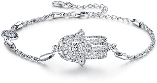 Aniu Hamsa Hand Armband Damen Sterling Silber 925 Hand der Fatima Armband mit Bösem Blick Blauer Fatimas Hand Armbänder Verstellbar 17cm+5cm Hamsa Hand Schmuck Geschenkideen für Frauen