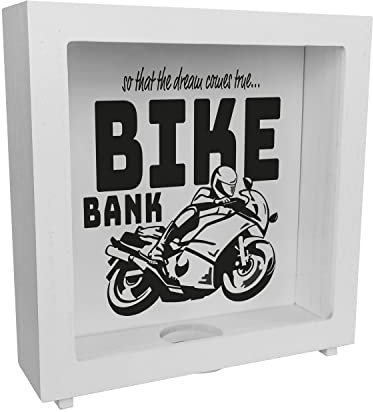 Bike Bank Rahmen Spardose aus Holz in schwarz zum Thema Motorradkauf und Motorrad Fahren schöne Sparbüchse Geschenk für Sparfüchse die Träume eines Bikers mögen oder Sich ihren