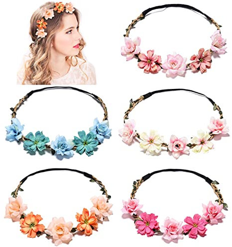 5 Stück Blumenkronen-Stirnbänder für Damen und Mädchen, mehrfarbig, Blumenkranz, Haarband, Blumen-Kopfschmuck, Festival, Haarschmuck für Hochzeit, Party