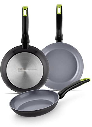 MONIX Eco Nature Set de sartenes 18-22-26 cm, aluminio forjado reciclado, cerámica antiadherente reforzada, apta para todo tipo de cocina e inducción