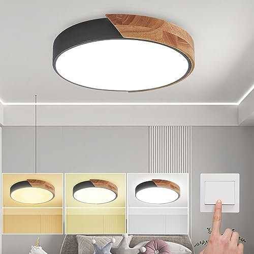 NICEME Deckenlampe,24w Led Deckenleuchte Holz, WäHlbar 3000k/4500k/6500k üBer Wandschalter,12 Zoll Moderne Deckenleuchte FüR Schlafzimmer Flur Balkon,Schwarz