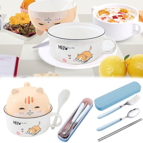 Mocoli Cuenco de Fideos Instantáneos, Cuenco de Fideos de Postre, Cuenco con Tapa, Cuenco Grande con Tapa, Cuenco de Cerámica, con Palillos, Cuchara y Tenedor de Acero Inoxidable