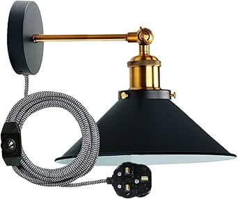 LEDSone Industrial Wall Sconce Adjustable Arm Light dimmer Switch Plug in 22cm Black Metal Cone Lamp Shade with E27 Base Wall Lights for Restaurant Office and Indoor Home Decor