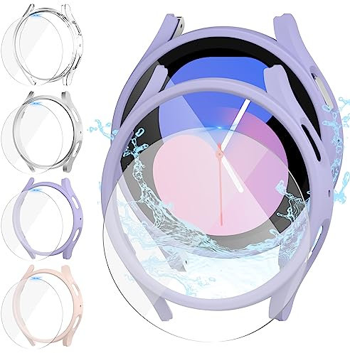 Jvchengxi [4+4Pièces Coque Mat 44mm pour Samsung Galaxy Watch 5 & Galaxy Watch 4 Protection Écran, PC Housse de Protection + 9H Protecteur D'écran en Verre Trempé (Pourpre+SableRose+Argent+Clair)