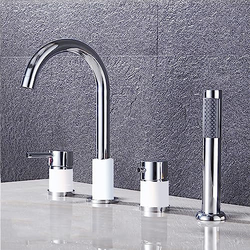 XJTNLB Wannenrandarmatur 4-Loch-Wannenbatterie Badewannenarmatur mit Handbrause, Dusche Badewanne Armaturen Set Weiß+Chrom,A