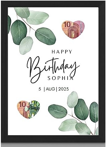 Milaboo® personalisiertes Geldgeschenk zum Geburtstag 2 Herzen I Hahnemühlen Papier Made in Germany A3 A4 A5 I mit Bilderrahmen schwarz oder weiß
