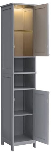 VASAGLE Badezimmerschrank mit Beleuchtung, hoch, schlanker Badschrank, Aufbewahrungsschrank mit verstellbaren Ablagen, offene Fächer, für kleine Räume, modern, Taubengrau BBC566G03