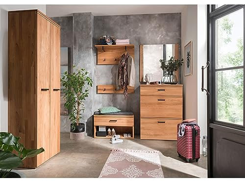 Lomadox Flur komplett Set Dielenschrank Klappenschrank Spiegel Paneel Hakenleiste Bank in Eiche massiv geölt