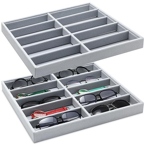 Batiyeer 2 Pcs Sunglasses Organizer Storage Tray 10 Grids Eyewear Watch Holder Display Stackable Ice Velvet Jewelry Tray for Eyeglasses Glasses Storage Women Men (Gray)