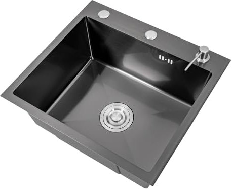 TaNeHaKi Fregadero Cocina De Acero Inoxidable Fregadero Cocina Empotrado Negro Esquina Fregadero De Cocina De Acero Inoxidable Con Tubo Y Dispensador De Jabón 45x50cm