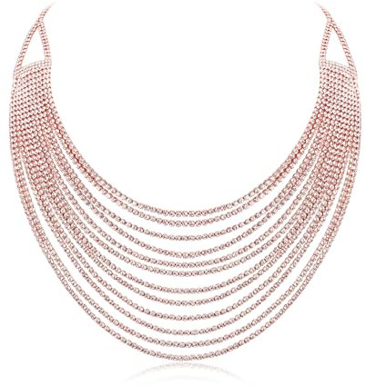 EVER FAITH Mehrschichtige klobige Halskette, Glitter Klar Rose Gold-Ton Strass Wasserfall Mehrstrang Multi-Strand Ketten Statement Lätzchen Halskette lange Kette Modeschmuck