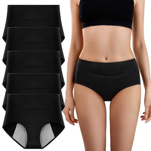 Yintry Bragas menstruales de algodón con Bolsillo para Mujer, Calzoncillos a Prueba de Fugas, Paquete de 5 Calzoncillos de Cintura Media