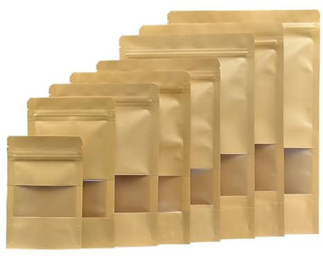 Lot de 50 sachets en kraft avec fenêtre - Marron - 16 x 26 cm - Fermeture hermétique - Pour noix, bonbons, céréales, aliments secs et pour animaux domestiques