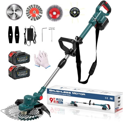 21V Unkrautfresser Batteriebetrieben, Elektrischer Unkrautvernichter Kabellos, 750W Bürstenloser Motor, Unkrautvernichter Batteriebetrieben mit 4,0Ah Batterien & 4 Arten Schneidklingen,