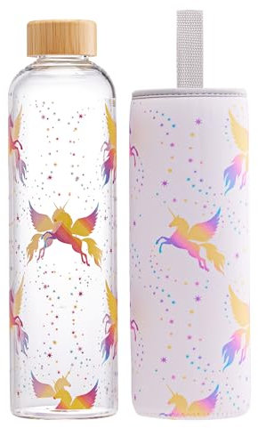 Autsel 1 liter Glasflasche Trinkflasche Glas Sport Borosilikat Glass Bottle Wasser Flasche mit Neopren-Hülle mit extra dichte Bambusdeckel