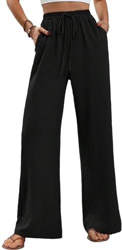 ALSOGO Weite Hose Damen Elegant Breite Hosen High Waist Lose Sommer Palazzo Hose Dehnbar Lounge Lang mit Taschen Schwarz XL