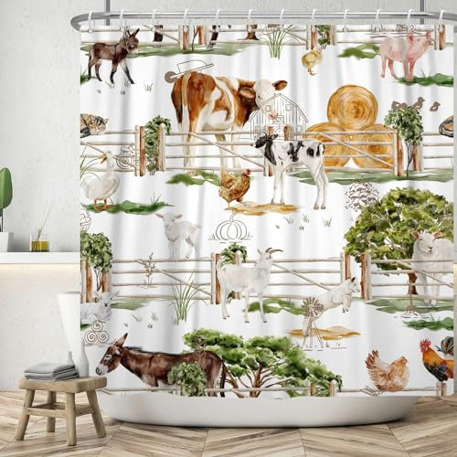 ASDCXZ Rideau de douche, 180 x 200 cm, motif de ferme rustique, animal, cochon, poulet, vache, moutons, feuilles vertes, lavable, en polyester, textile, imperméable, pour baignoire avec 12 crochets