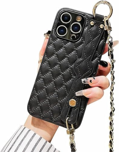 Quadratische Lederhülle für iPhone 15 Plus, luxuriöse Designer-Schutzhülle mit Armband-Ständer und stilvollem Metallketten-Schlüsselband, Ganzkörper-Schutzhülle, stoßfest, für iPhone 15 Plus, 17 cm