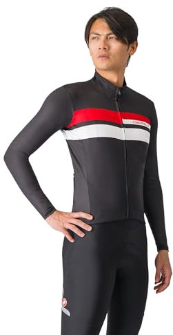 CASTELLI Men’s Lineare Jersey, Long Sleeve Full Zip Up Fleece Lined Jersey for Road & Gravel Cycling, Biking, Light Black/Red Cts/White, M