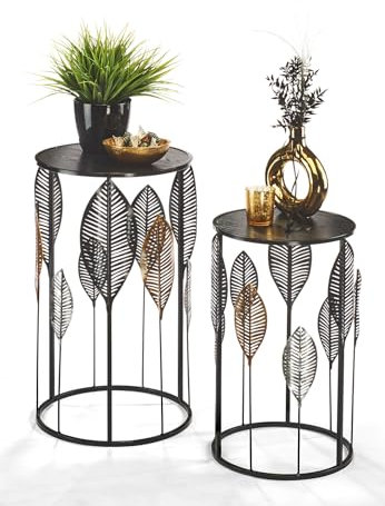 Kobolo - 2er Set Beistelltisch - Eleganter Ziertisch aus Metall und Holz - Dekorativer Nebentisch - Vielseitiger Ablagetisch und Couch-Tisch - kunstvoller Hochwertiger Kleinmöbel Couch-Tisch