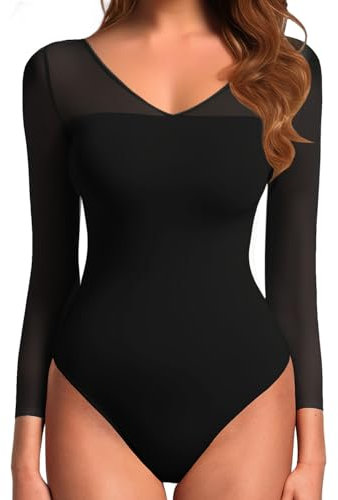 GJY Donna Bodysuit, Bodysuit Sexy Collo a V Manica Lunga Maglia Backless Tops, Jumpsuits Tops Leotard, Nero, Abiti Corpo per Uscire