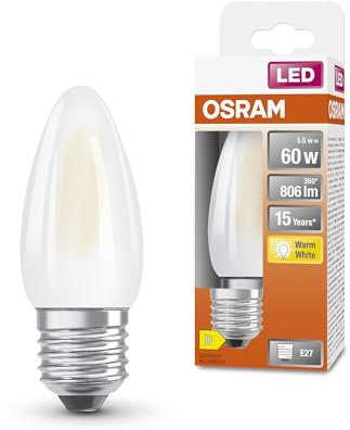 Osram LED Star Classic LED-Lampe in klassischer Minikerzenform, weiß, warmweißes Licht (2700 K) mit 5.5W / 806 lm, aus gefrostetem bleifreiem Glas, E27 Sockel, IP20, EEK D, 35 mm Durchmesser.