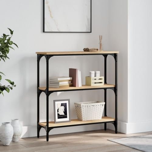 FENLAX Konsolentisch mit Ablagen 75x22,5x75 cm Ausstellungstisch Wohnzimmermöbel Eingangsbereich Akzenttisch Konsolentisch schmal Flurtisch mit Ablagen Holzwerkstoff&Metall Sonoma-Eiche