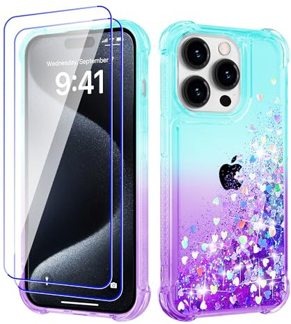 Pilaru Lovely for iPhone 15 Pro Max Case [2 Screen Protector] Clear Liquid Heart Glitter Soft TPU Cover Transparent Girly Shockproof Protective Phone Case for iPhone 15 Pro Max,Green-Purple