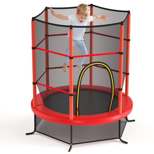 GOPLUS Trampolin Indoor, Kindertrampolin mit Sicherheitsnetz, überdachung, verzinkte Stahlkonstruktion, Sprungmatte, Gartentrampolin rund bis 135kg belastbar