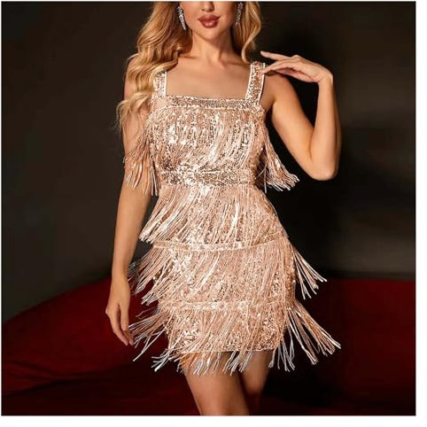 Sequin Tassel Dance Costume Women's Sequin Tassel Dress Sexy Fringe Glitter Dresses Solid Sleeveless Mini Dress Cocktail Evening Party Dresses Female Women's Sequins Tassel Dance Dress(Rose Gold,M)